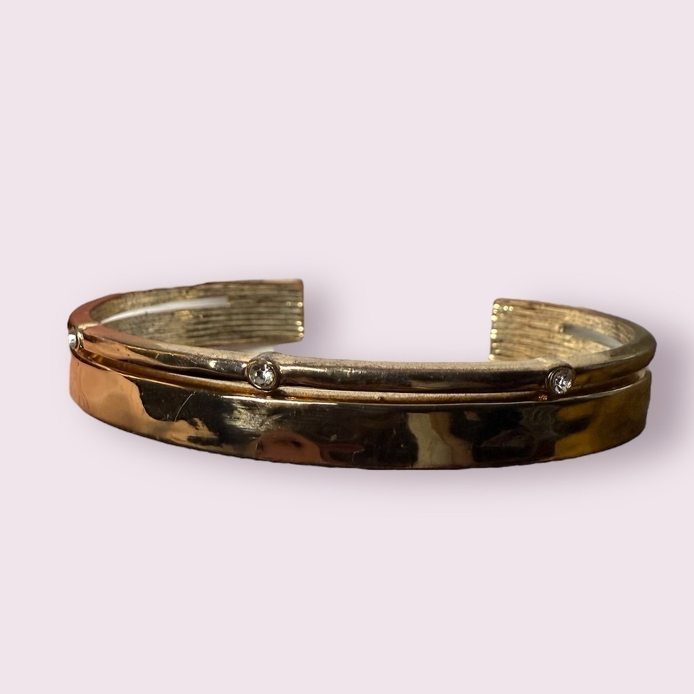 Gold Tone Thick Cuff Bangle Bracelet with Rhinestones